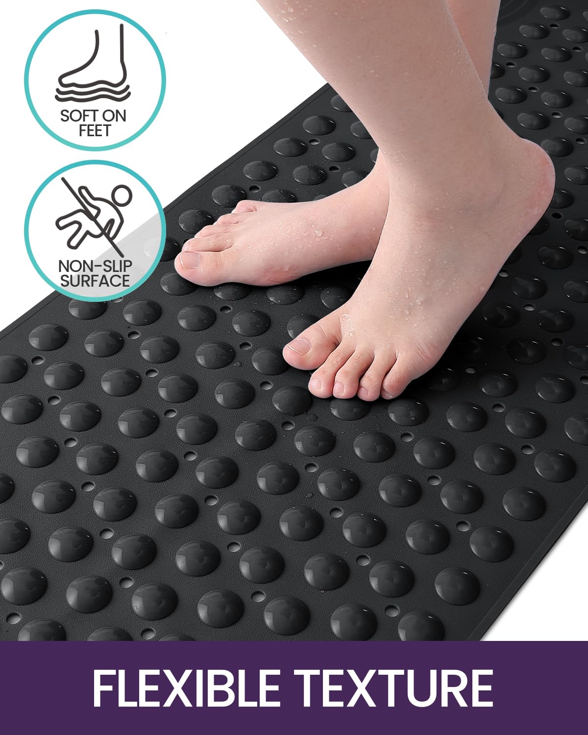 Dexi Bathtub Mat Non Slip 16X35, Shower Floor Mats For Bathroom Bath Tub, Washable Oval Bathmat With Suction Cups And Drain Hole